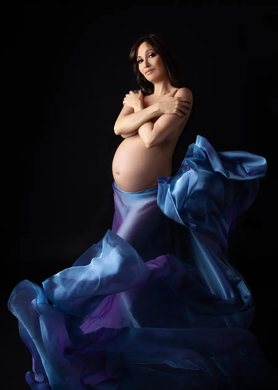 Maternity Photograph of San Francisco Woman with Fabric skirt Blowing around